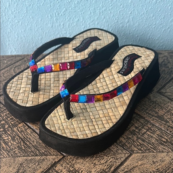 Vintage Skechers Jeweled Flip Flops. Raffia Woven Insole | Y2K Boho Sandals - Picture 1 of 12